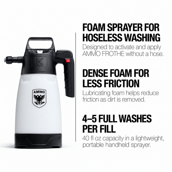 IK AERATOR benefits: Foam sprayer for hoseless washing. Dense foam for less friction. 4–5 full washes per fill