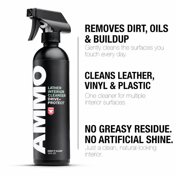 LATHER benefits: Removes dirt, oils & buildup. Cleans leather, vinyl & plastic. No greasy residue. No artificial shine.