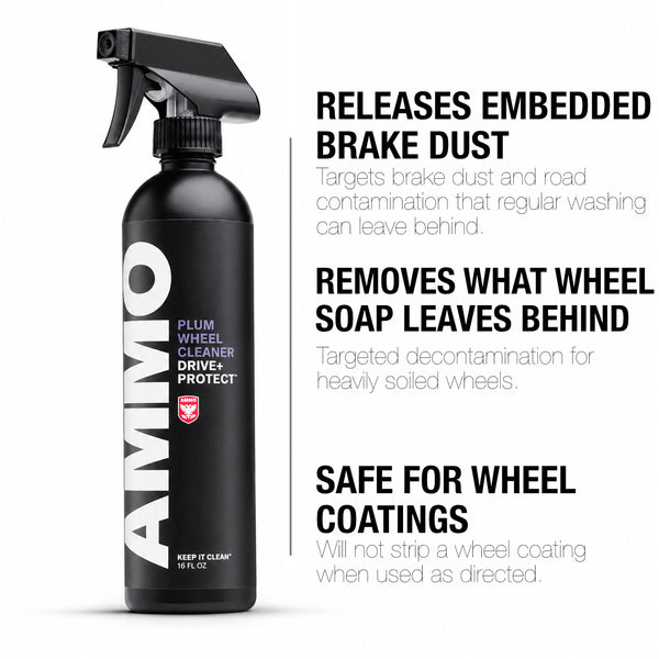 PLUM benefits: Releases embedded brake dust. Removes what wheel soap leaves behind. Safe for wheel coatings