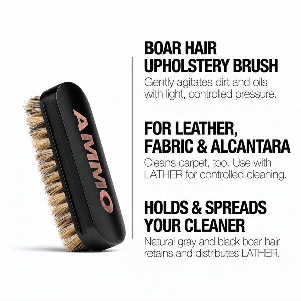 UPHOLSTERY BRUSH benefits: Boar hair upholstery brush. For leather, fabric & Alcantara. Holds & spreads your cleaner