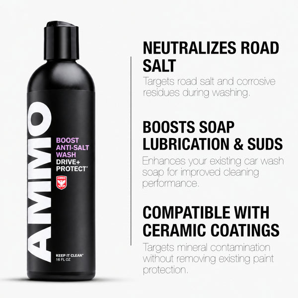 BOOST benefits: Neutralizes road salt. Boosts soap lubrication & suds. Compatible with ceramic coatings