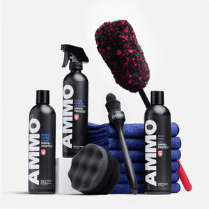 AMMO Wheel Regimen car wheel cleaning kit with wheel soap, wheel cleaner, tire gel, brushes, and towels