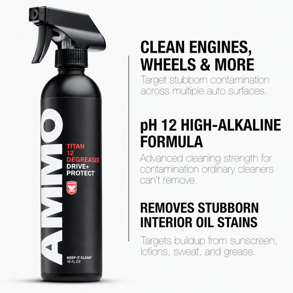 TITAN 12 benefits: Clean engines, wheels & more. pH 12 high-alkaline formula. Removes stubborn interior oil stains