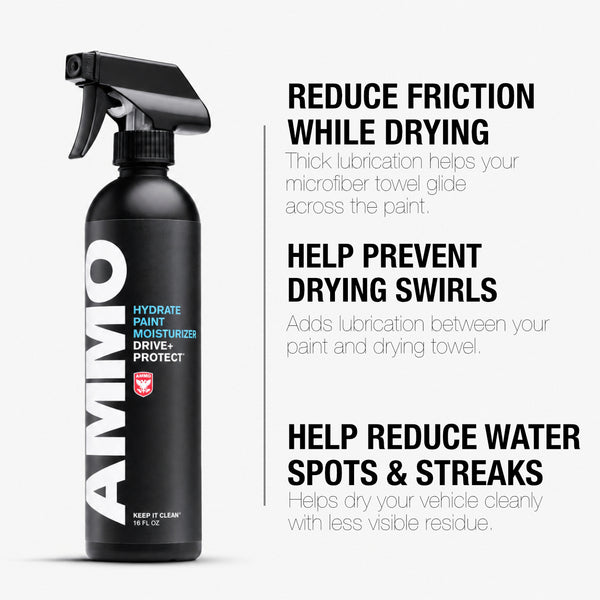 HYDRATE benefits: Reduce friction while drying. Help prevent drying swirls. Help reduce water spots & streaks