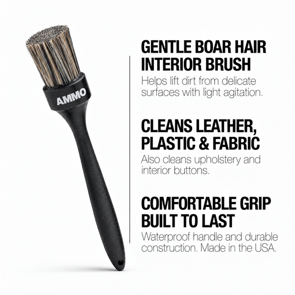 INTERIOR BRUSH benefits: Gentle boar hair interior brush. Cleans leather, plastic & fabric. Comfortable grip. Built to last.