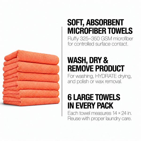 ORANGE TOWELS benefits: Soft, absorbent microfiber towels. Wash, dry & remove product. 6 large towels in every pack