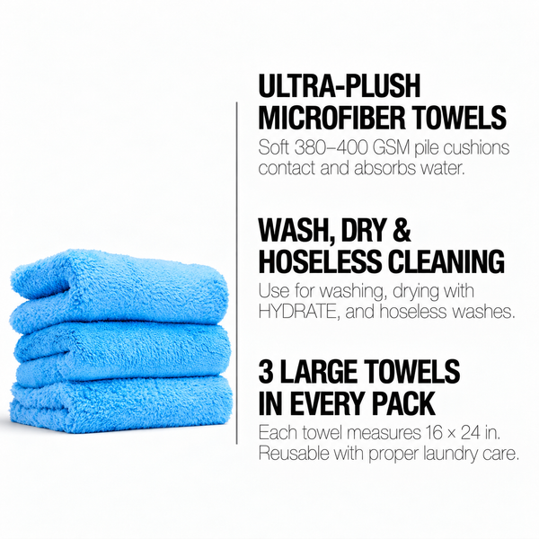 BLUE PLUSH TOWELS benefits: Ultra-plush microfiber towels. Wash, dry & hoseless cleaning. 3 large towels in every pack