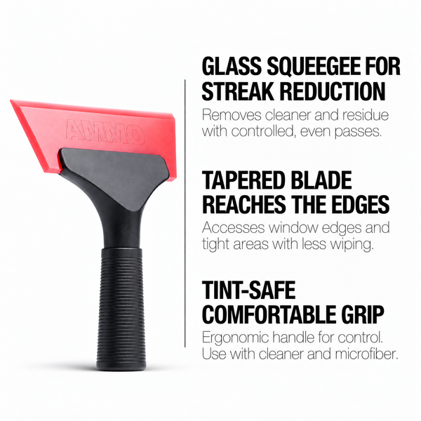 SQUEEGEE benefits: Glass squeegee for streak reduction. Tapered blade reaches the edges. Tint-safe comfortable grip