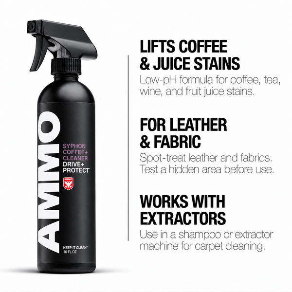 SYPHON benefits: Lifts coffee & juice stains. For leather & fabric. Works with extractors