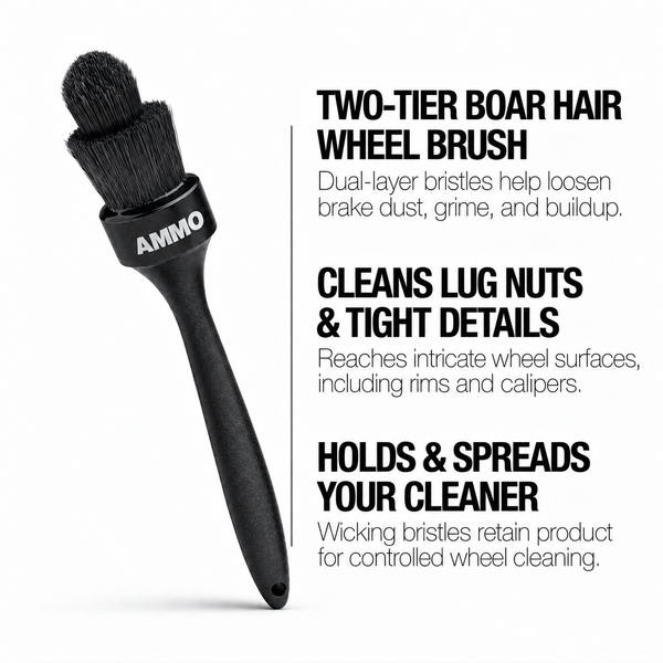 TWO-TIER WHEEL BRUSH benefits: Two-tier boar hair wheel brush. Cleans lug nuts & tight details. Holds & spreads your cleaner