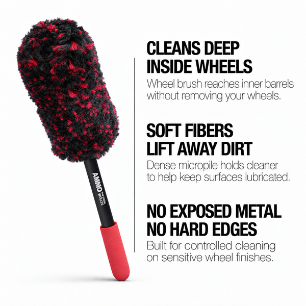WHEEL WOOLIE benefits: Cleans deep inside wheels. Soft fibers lift away dirt. No exposed metal. No hard edges.